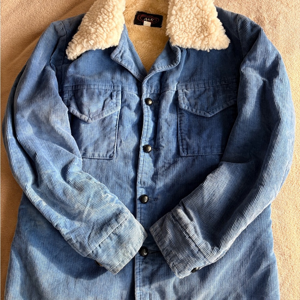 Vintage Men's Phase III Blue Corduroy Jacket with Shearling Collar